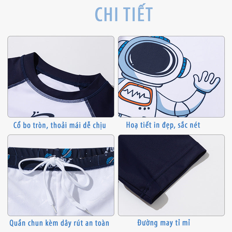 Quần Áo Bơi Cho Bé Trai Dạng Rời Cộc Tay Hoạ Tiết Phi Hành Gia Trắng