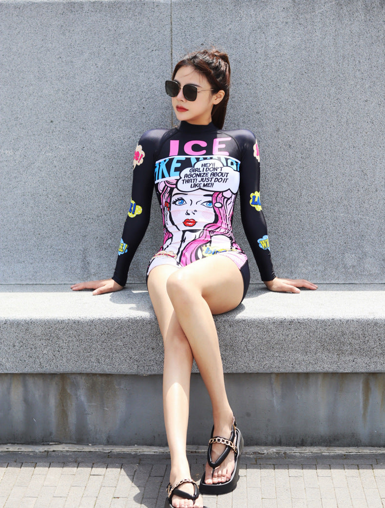 Bộ đồ bơi nữ dài tay liền thân quần đùi ILW - Đen Hồng