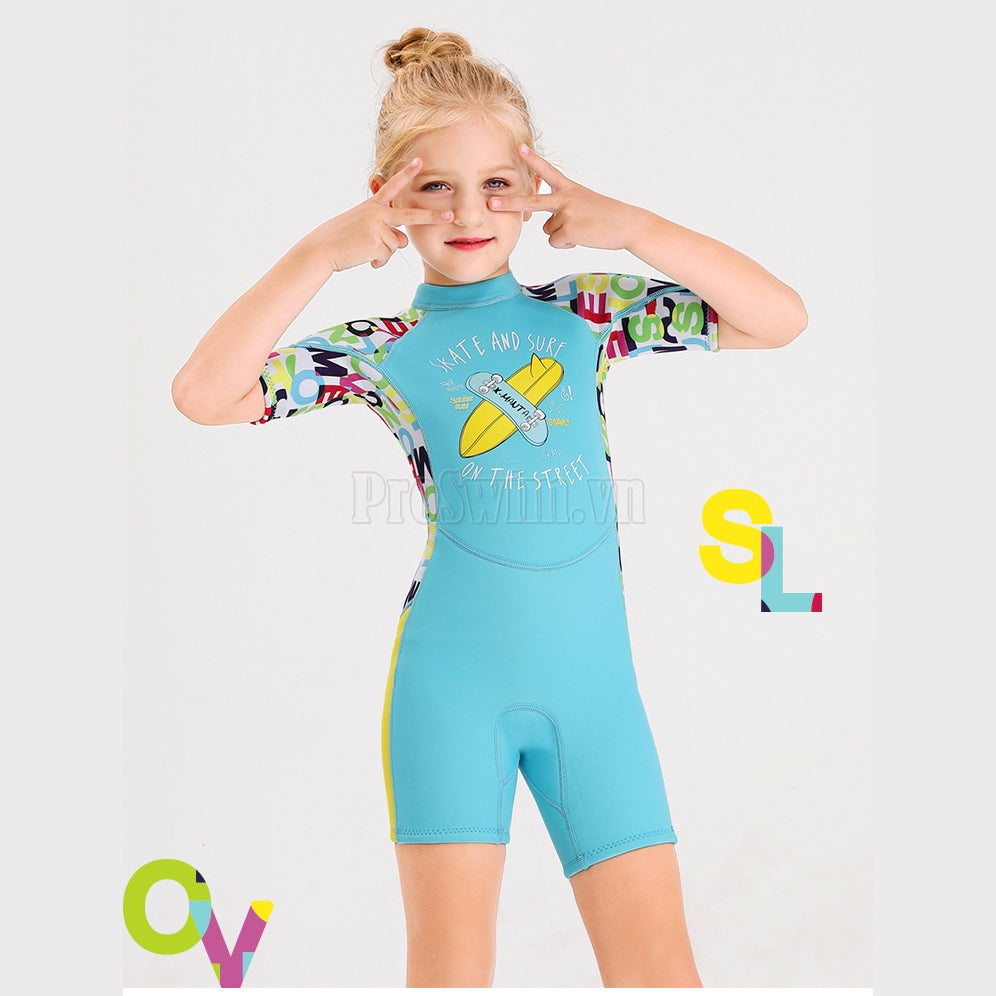 Đồ Bơi Giữ Nhiệt Cho Bé Gái Liền Thân Cộc Tay Dày 2.5mm WS608 – Xanh - ProSwim.vn
