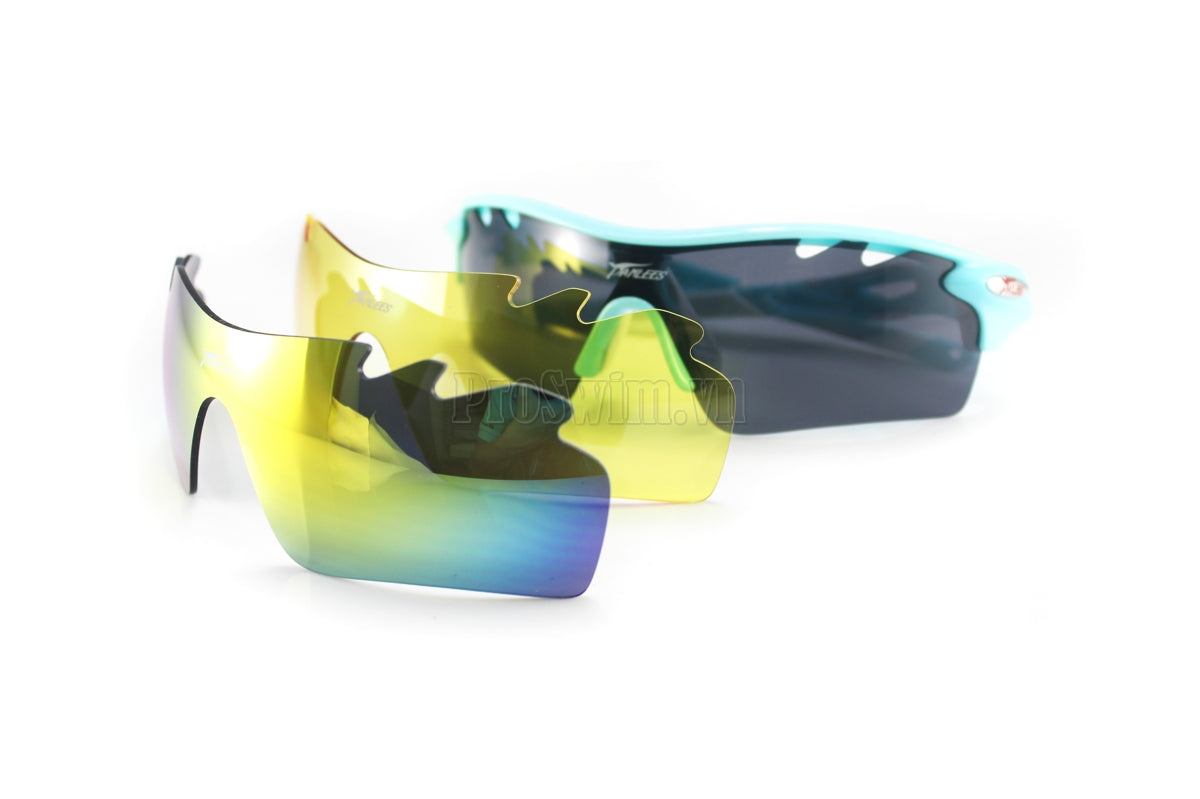 Kính Đạp Xe Chạy Bộ Tennis Panlees PO565 Xanh Lơ - Bộ Kính 3 Mắt Phản Quang Đen Phân Cực Vàng Đi Tối