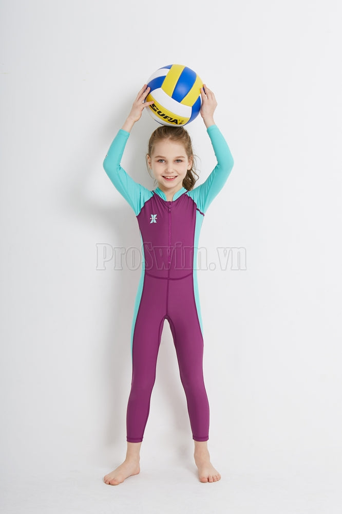 Bộ Bơi Bé Gái Kín Toàn Thân DS21 Maroon Tay Xanh - ProSwim.vn