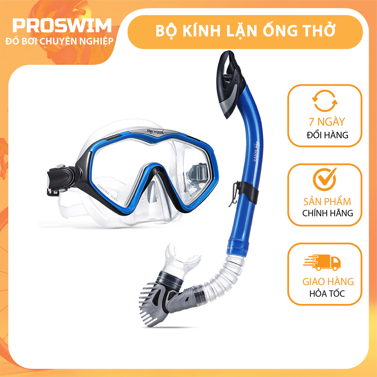 Bộ mặt nạ ống thở cao cấp WAVE Mắt kính cường lực Ống thở có phao drytop - Màu Xanh - ProSwim.vn