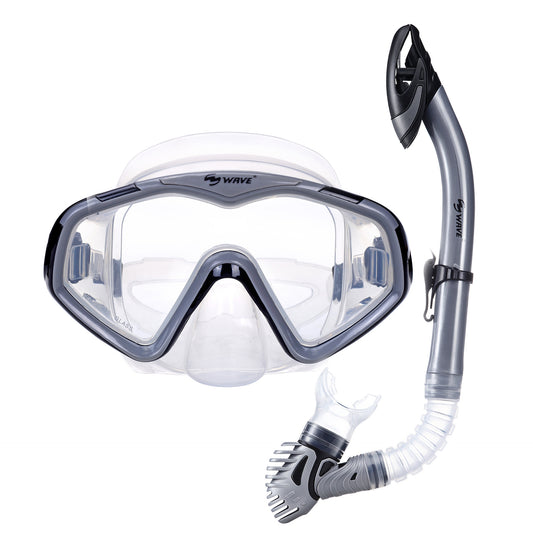 Bộ mặt nạ ống thở cao cấp WAVE Mắt kính cường lực Ống thở có phao drytop - ProSwim.vn