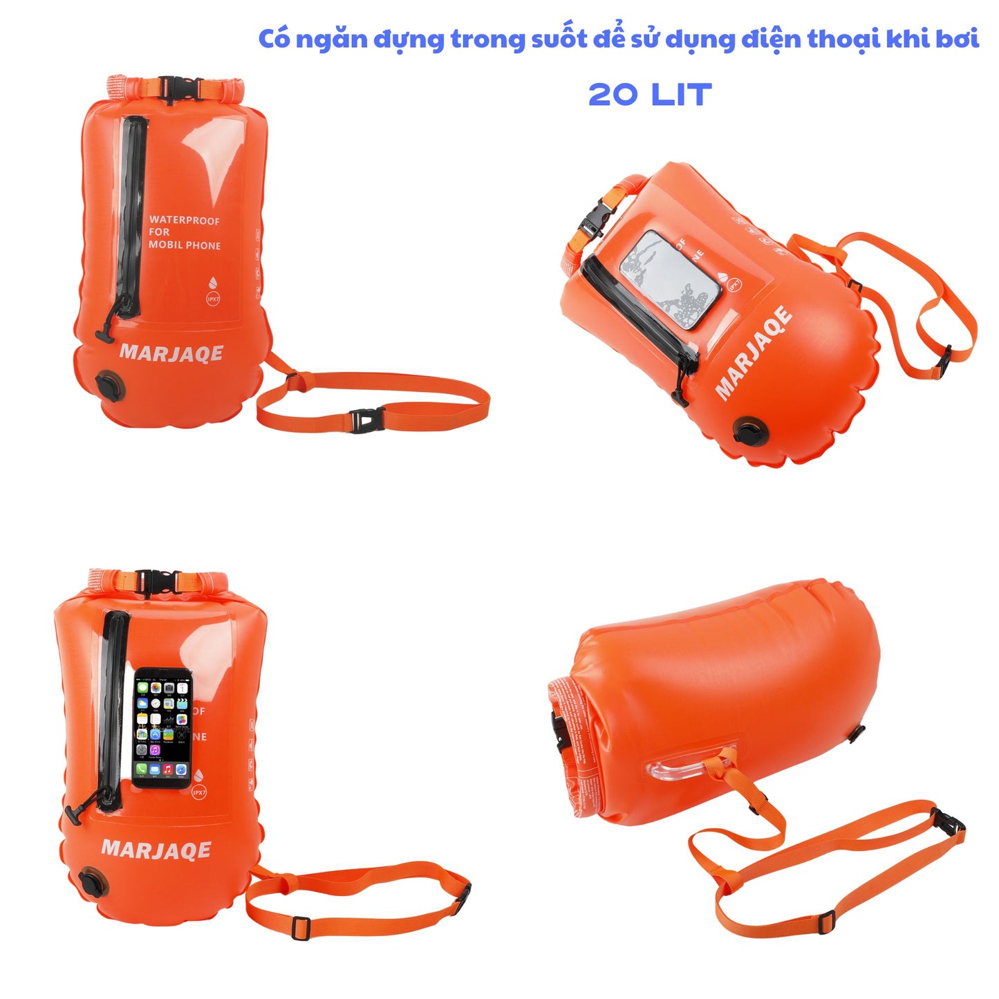 Phao bơi đường trường 20L có ngăn để điện thoại cảm ứng,phao buộc bụng 2 túi khí để được đồ khô