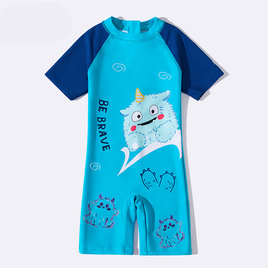 Đồ Bơi Bé Trai Liền Thân Cộc Tay Hoạ Tiết MONSTER BE BRAVE Xanh Nhạt