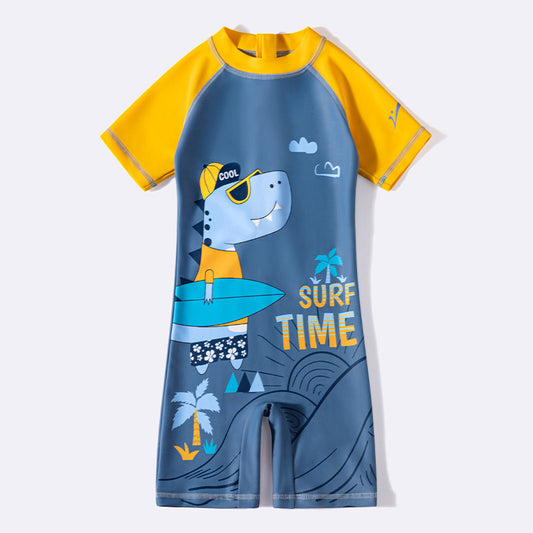 Đồ Bơi Bé Trai Liền Thân Cộc Tay Khủng Long SURF TIME Ghi Vàng