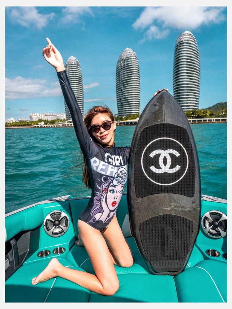 Bộ đồ bơi nữ dài tay liền thân quần chéo ILW - Đen