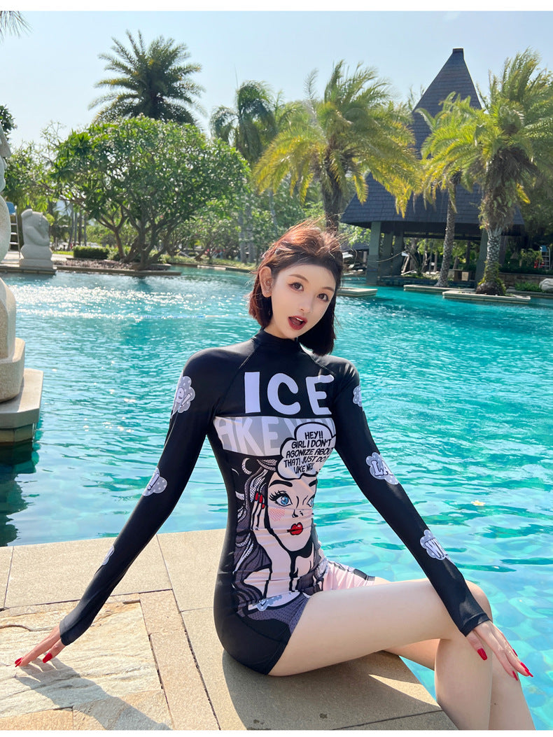 Bộ đồ bơi nữ dài tay liền thân quần đùi ILW - Đen Trắng