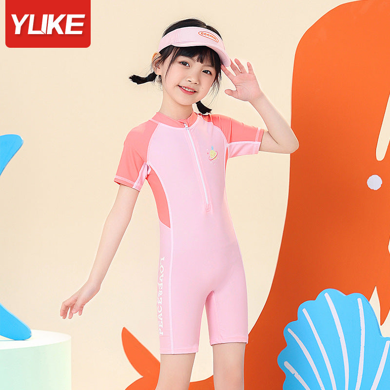 Đồ Bơi Cho Bé Gái Liền Thân Cộc Tay Cam Hồng