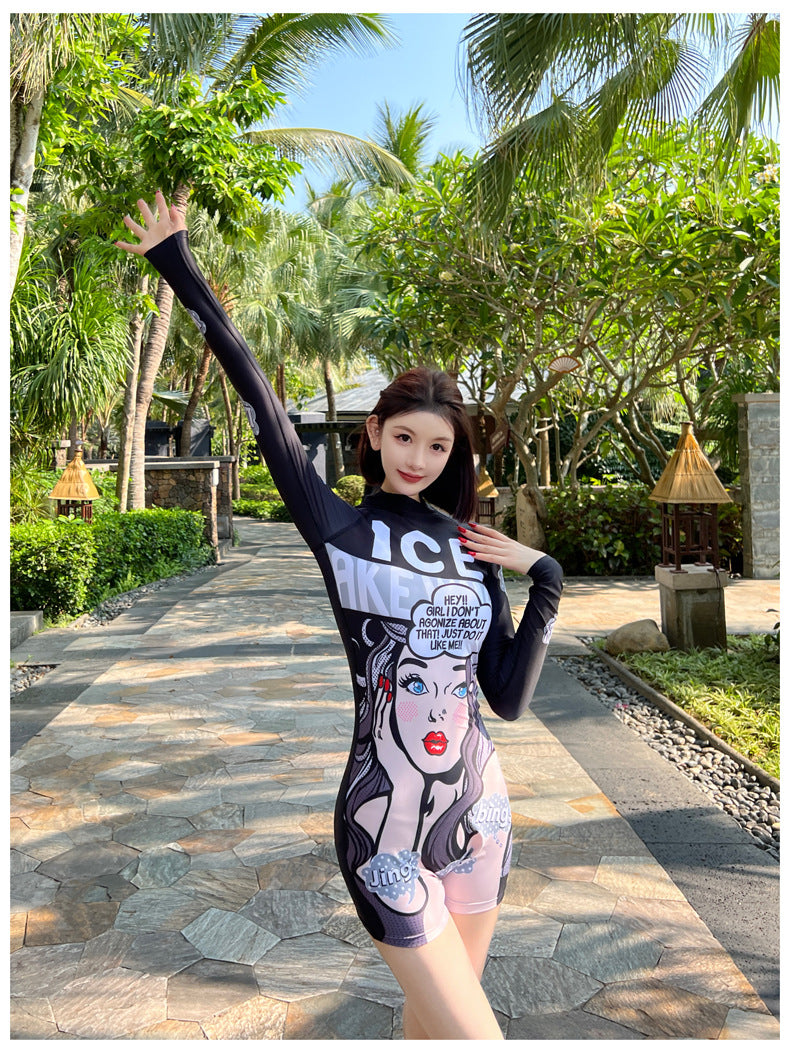 Bộ đồ bơi nữ dài tay liền thân quần đùi ILW - Đen Trắng