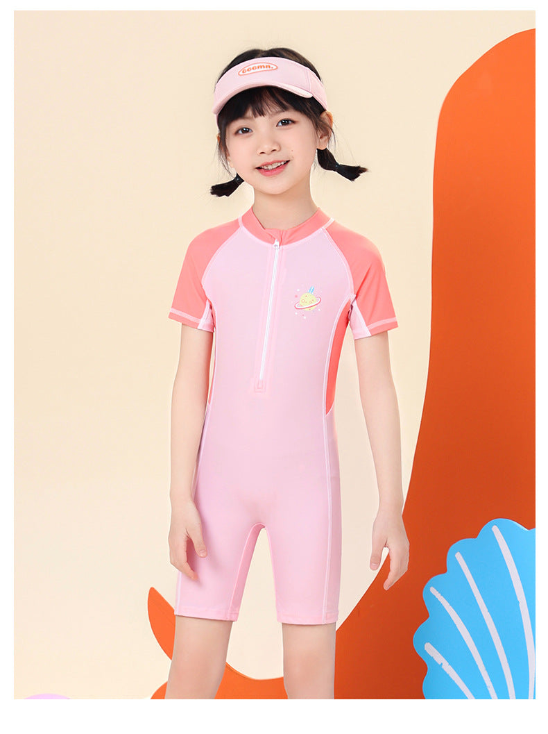 Đồ Bơi Cho Bé Gái Liền Thân Cộc Tay Cam Hồng