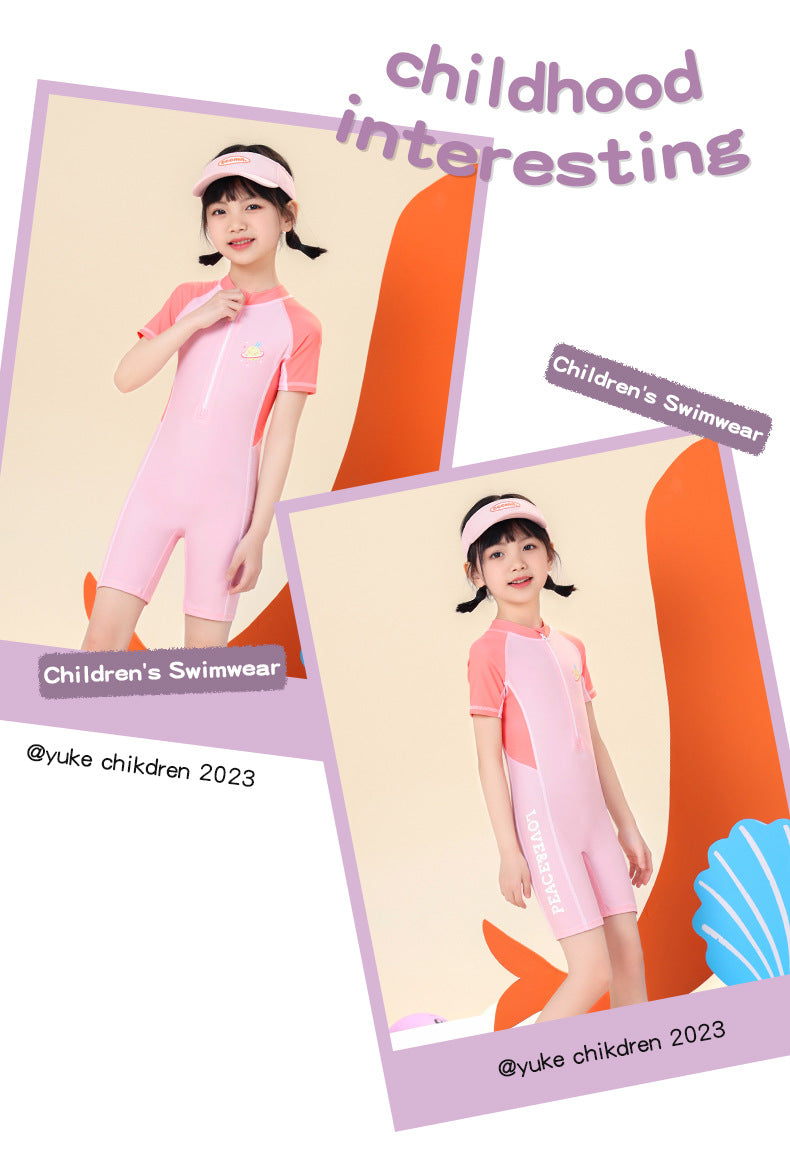 Đồ Bơi Cho Bé Gái Liền Thân Cộc Tay Cam Hồng