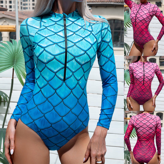 Áo bơi nữ họa tiết tiên cá liền thân dài tay chống nắng chống UV co giãn 4 chiều