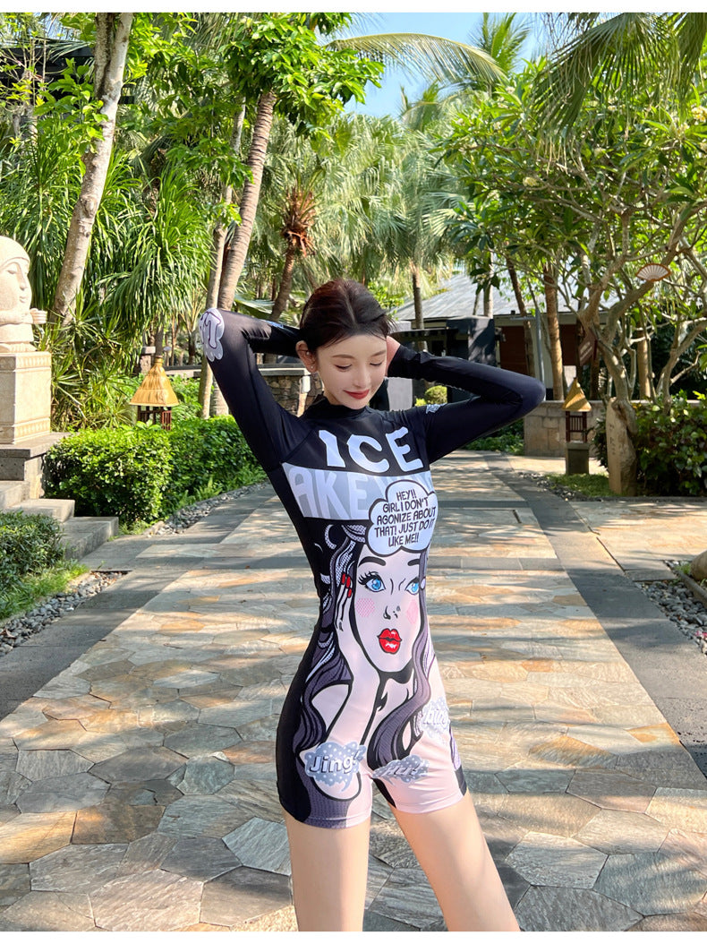 Bộ đồ bơi nữ dài tay liền thân quần đùi ILW - Đen Trắng