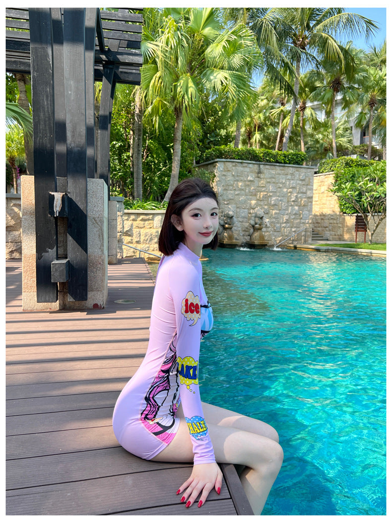 Bộ đồ bơi nữ dài tay liền thân quần đùi ILW - Hồng