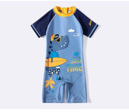 Bộ Bơi Bé Trai Liền Thân Cộc Tay Khủng Long SURF TIME Ghi Tay Xanh Than