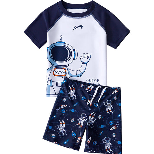 Quần Áo Bơi Cho Bé Trai Dạng Rời Cộc Tay Hoạ Tiết Phi Hành Gia Trắng