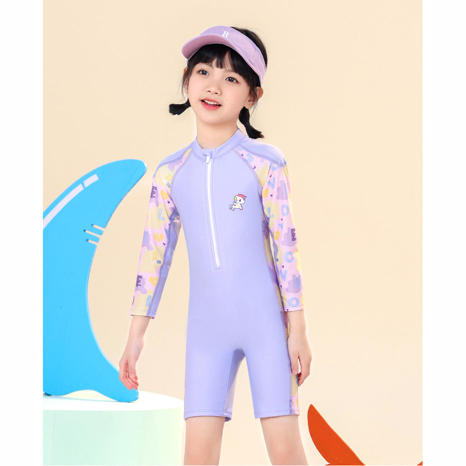 Quần Áo Bơi Bé Gái Tay Dài Quần Đùi Liền Thân Khoá Kéo Trước – Kì Lân Tím - ProSwim.vn