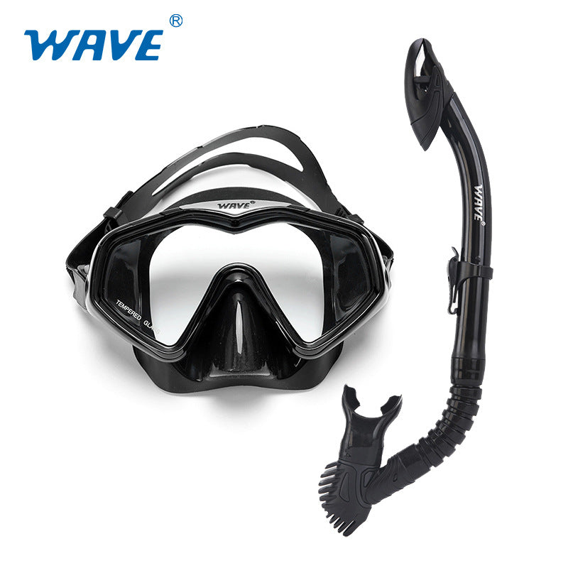 Bộ mặt nạ ống thở cao cấp WAVE Mắt kính cường lực Ống thở có phao drytop - Màu Đen - ProSwim.vn