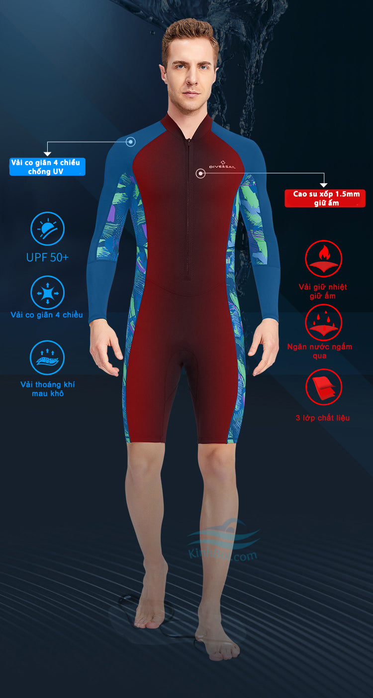 Bộ Bơi Nữ Liền Thân Mùa Đông Giữ Nhiệt Bán Thân 1.5mm Dive&Sail Dài Tay Đen Hồng - ProSwim.vn