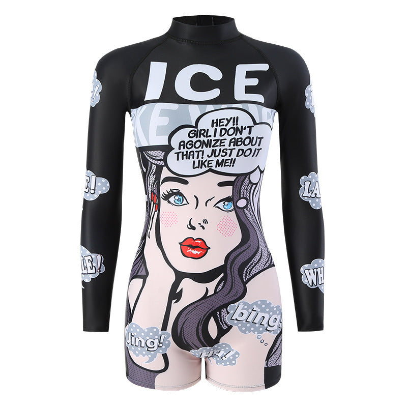 Bộ đồ bơi nữ dài tay liền thân quần đùi ILW - Đen Trắng