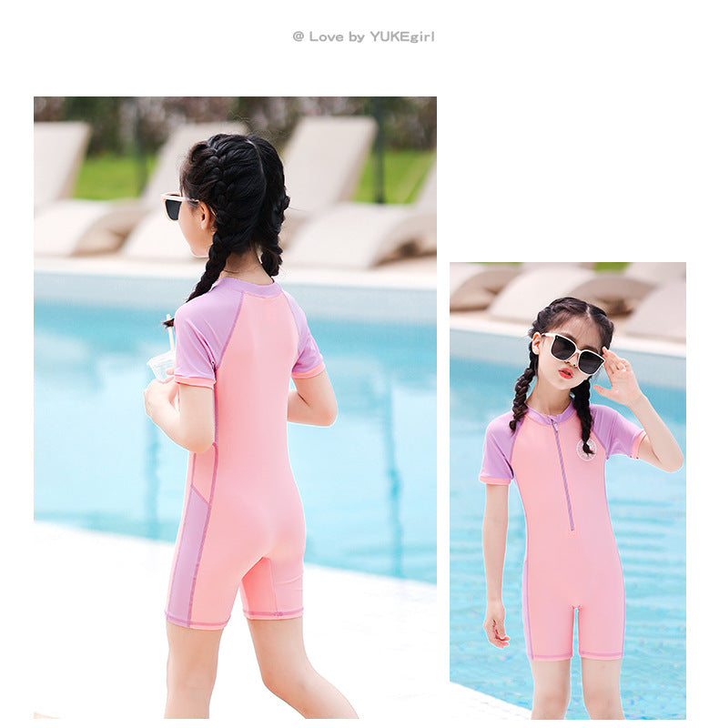 Đồ Bơi Liền Thân Cho Bé Gái Cộc Tay Hồng