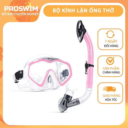 Bộ mặt nạ ống thở cao cấp WAVE Mắt kính cường lực Ống thở có phao drytop - Màu Hồng - ProSwim.vn
