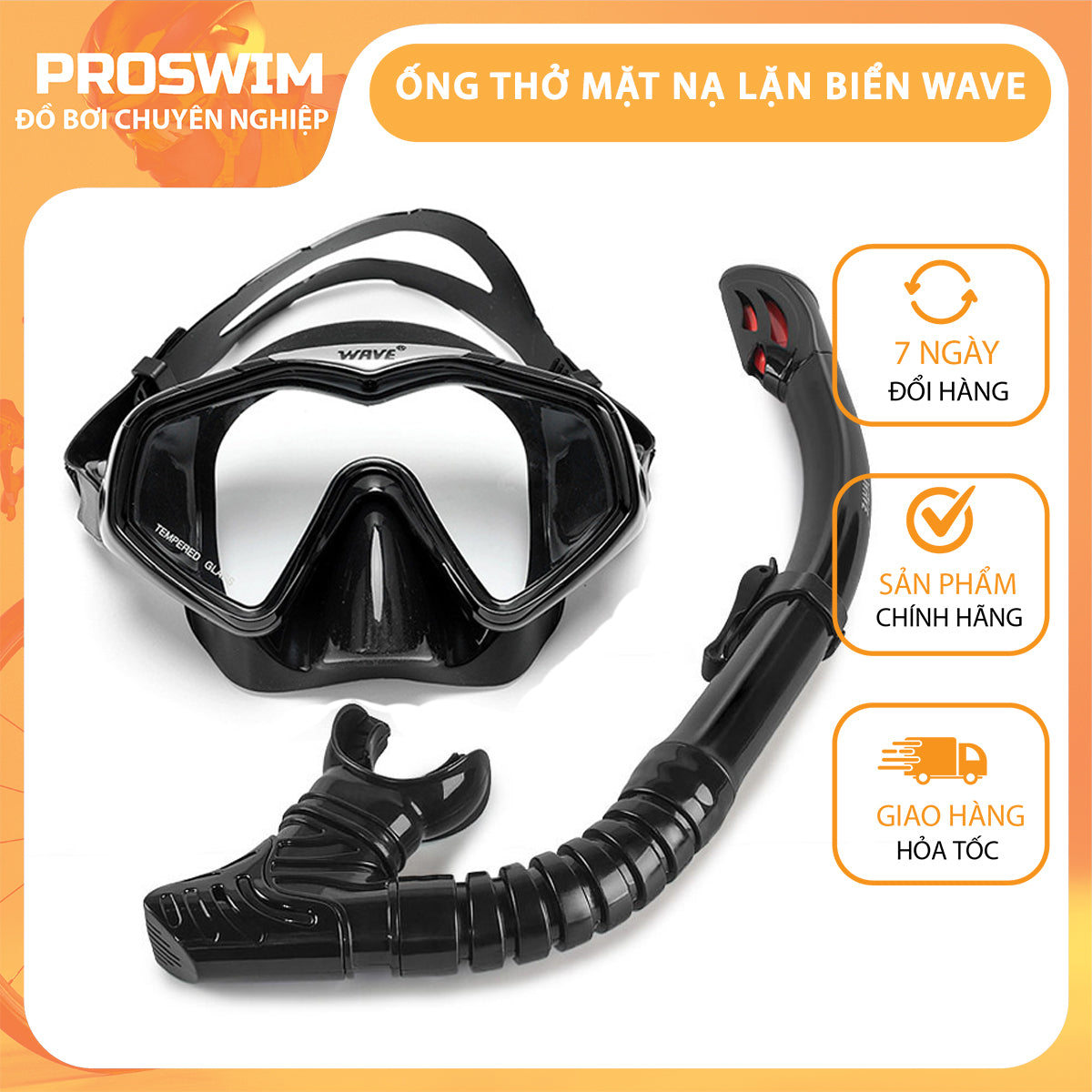Bộ mặt nạ ống thở cao cấp WAVE Mắt kính cường lực Ống thở có phao drytop - ProSwim.vn