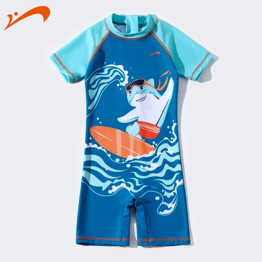 Bộ Bơi Bé Trai Liền Thân Cộc Tay Cá Mập Lướt Sóng Xanh