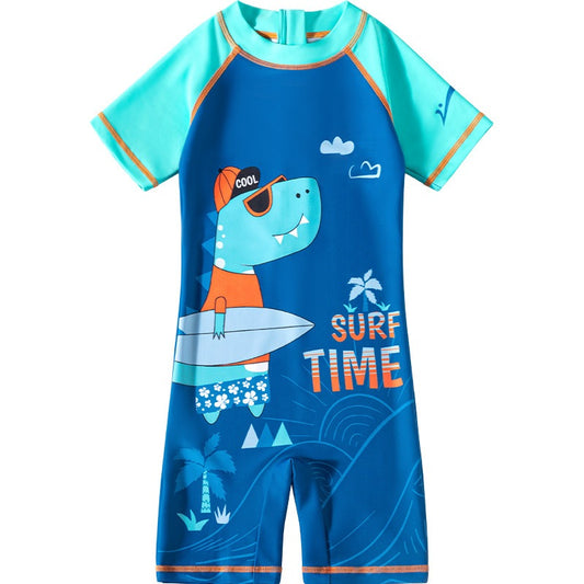Bộ Bơi Bé Trai Liền Thân Cộc Tay Khủng Long SURF TIME Xanh