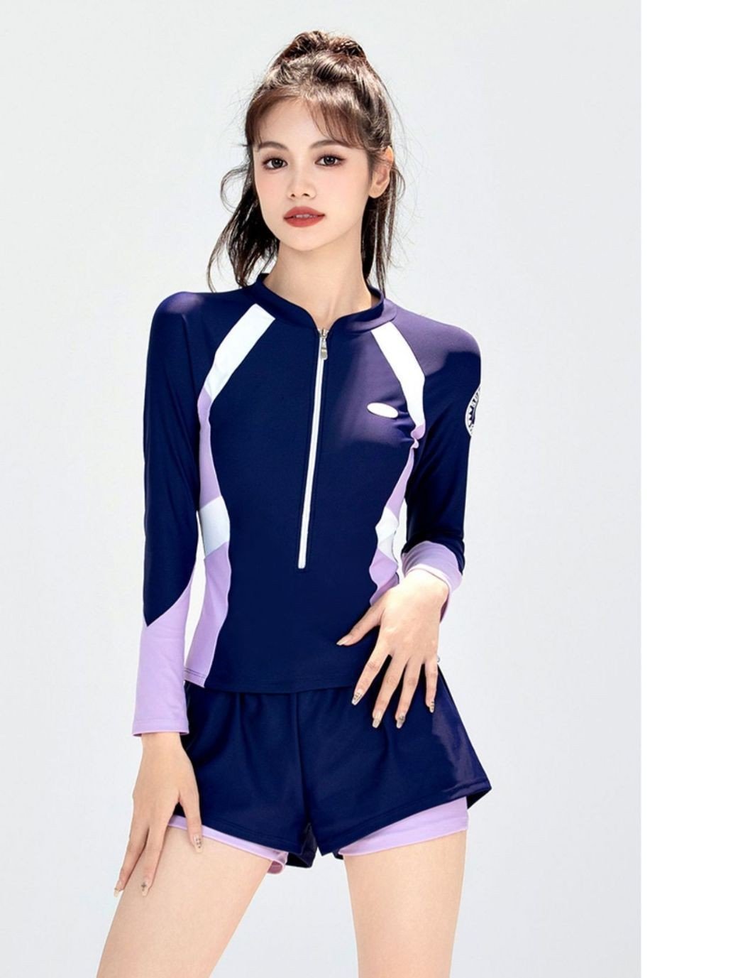 Áo Bơi Nữ Dài Tay Quần Short Dạng Rời Màu Tím