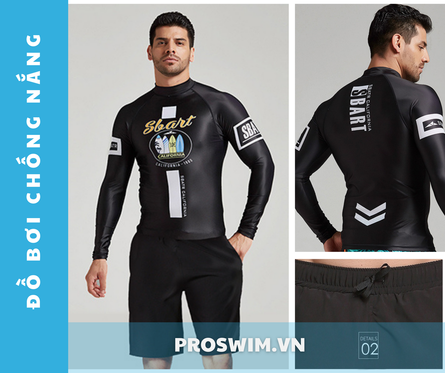 Bộ Đồ Bơi Nam 2 Món Quần Áo Dài Tay Chống Nắng Chống UV Sbart S216