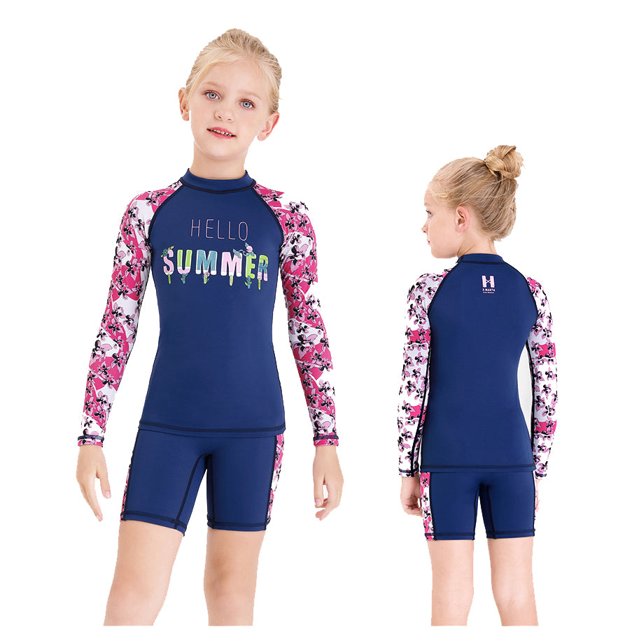 Bộ Bơi Bé Gái Rời Dài Tay DS11 Navy Hồng Hello Summer