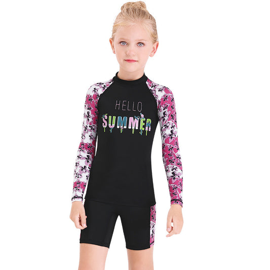 Bộ Bơi Bé Gái Rời Dài Tay DS11 Đen Hồng Hello Summer