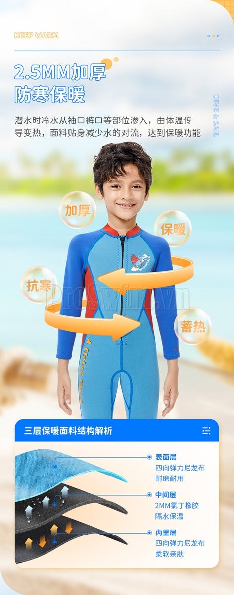 Đồ Bơi Giữ Nhiệt Trời Lạnh Cho Bé Trai Liền Thân Dài Tay Dày 2.5mm WS515 Shark Xanh