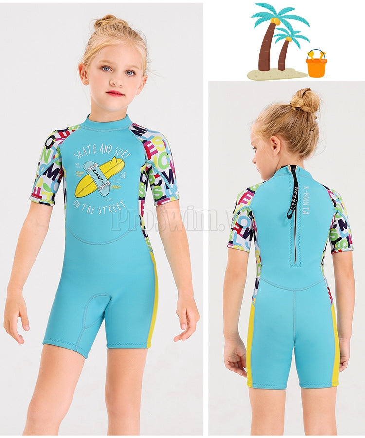 Đồ Bơi Giữ Nhiệt Cho Bé Gái Liền Thân Cộc Tay Dày 2.5mm WS608 – Xanh - ProSwim.vn