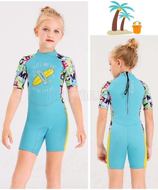 Đồ Bơi Giữ Nhiệt Cho Bé Gái Liền Thân Cộc Tay Dày 2.5mm WS608 – Xanh