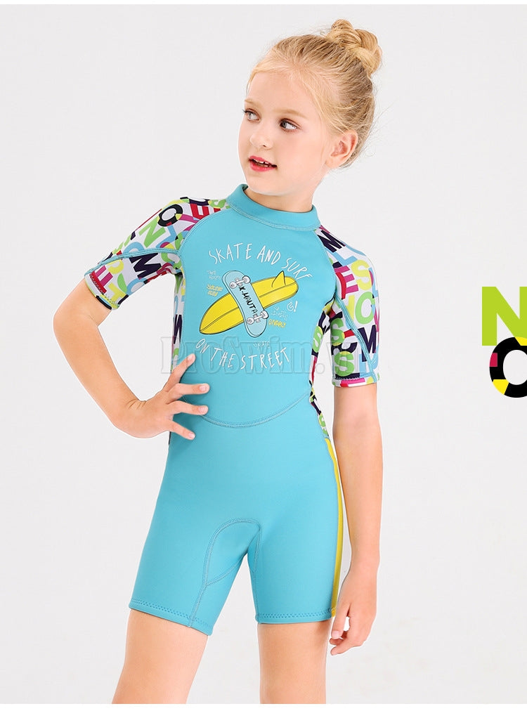 Đồ Bơi Giữ Nhiệt Cho Bé Gái Liền Thân Cộc Tay Dày 2.5mm WS608 – Xanh - ProSwim.vn