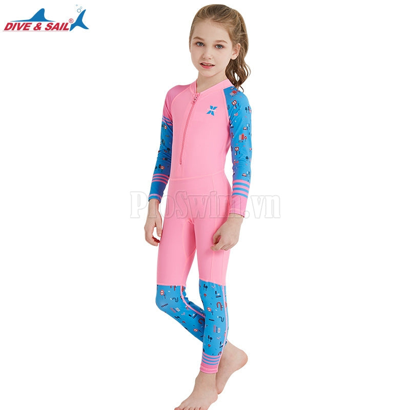 Bộ Bơi Bé Gái Kín Toàn Thân DS22 Hồng Tay Xanh - ProSwim.vn