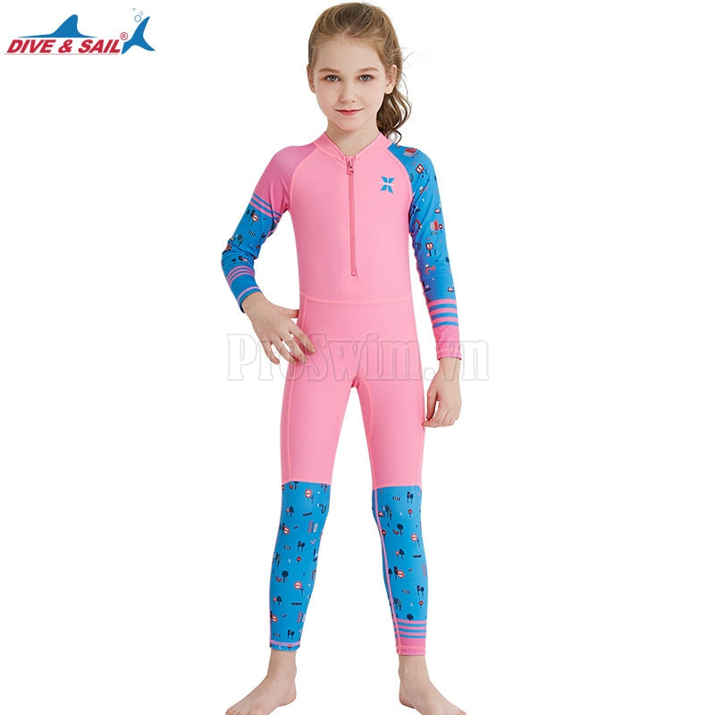 Bộ Bơi Bé Gái Kín Toàn Thân DS22 Hồng Tay Xanh - ProSwim.vn