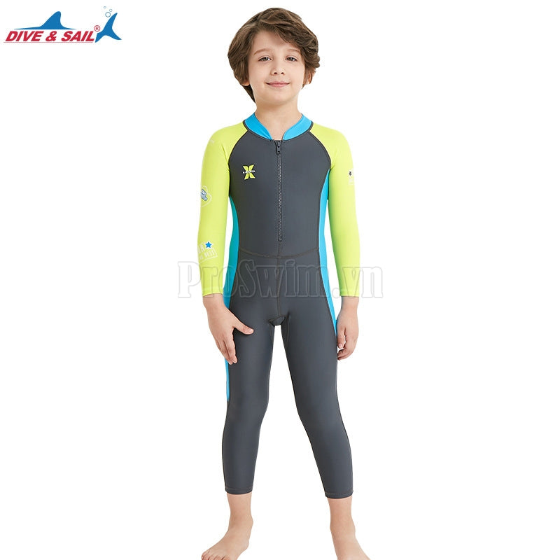 Bộ Bơi Bé Trai Kín Toàn Thân DS21 Ghi Tay Xanh - ProSwim.vn