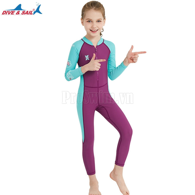 Bộ Bơi Bé Gái Kín Toàn Thân DS21 Maroon Tay Xanh - ProSwim.vn