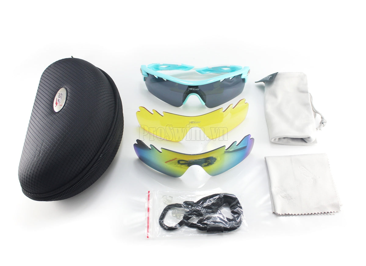 Kính Đạp Xe Chạy Bộ Tennis Panlees PO565 Xanh Lơ - Bộ Kính 3 Mắt Phản Quang Đen Phân Cực Vàng Đi Tối