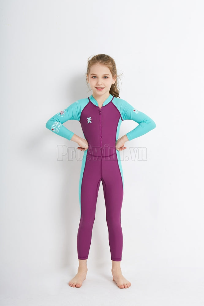 Bộ Bơi Bé Gái Kín Toàn Thân DS21 Maroon Tay Xanh - ProSwim.vn