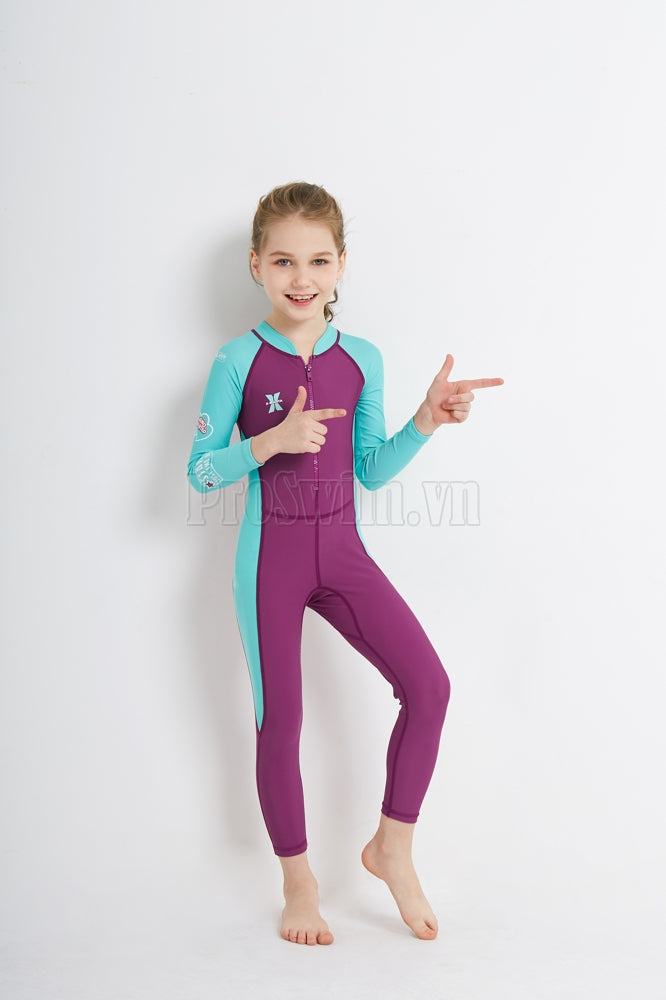 Bộ Bơi Bé Gái Kín Toàn Thân DS21 Maroon Tay Xanh - ProSwim.vn