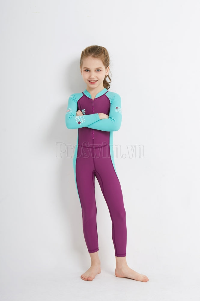 Bộ Bơi Bé Gái Kín Toàn Thân DS21 Maroon Tay Xanh - ProSwim.vn