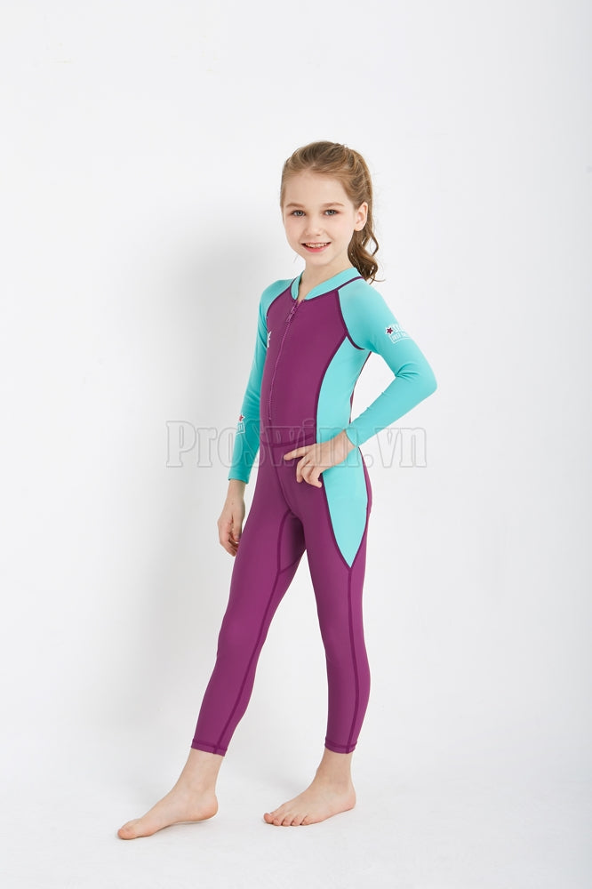 Bộ Bơi Bé Gái Kín Toàn Thân DS21 Maroon Tay Xanh - ProSwim.vn