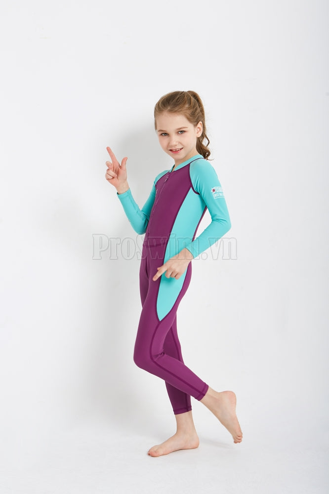 Bộ Bơi Bé Gái Kín Toàn Thân DS21 Maroon Tay Xanh - ProSwim.vn