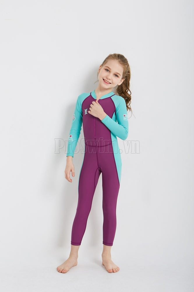 Bộ Bơi Bé Gái Kín Toàn Thân DS21 Maroon Tay Xanh - ProSwim.vn