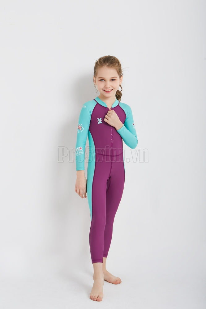 Bộ Bơi Bé Gái Kín Toàn Thân DS21 Maroon Tay Xanh - ProSwim.vn